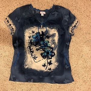 Koi by Kathy Peterson Scrub Top “Portrait of a Lady” Blue Size-XL